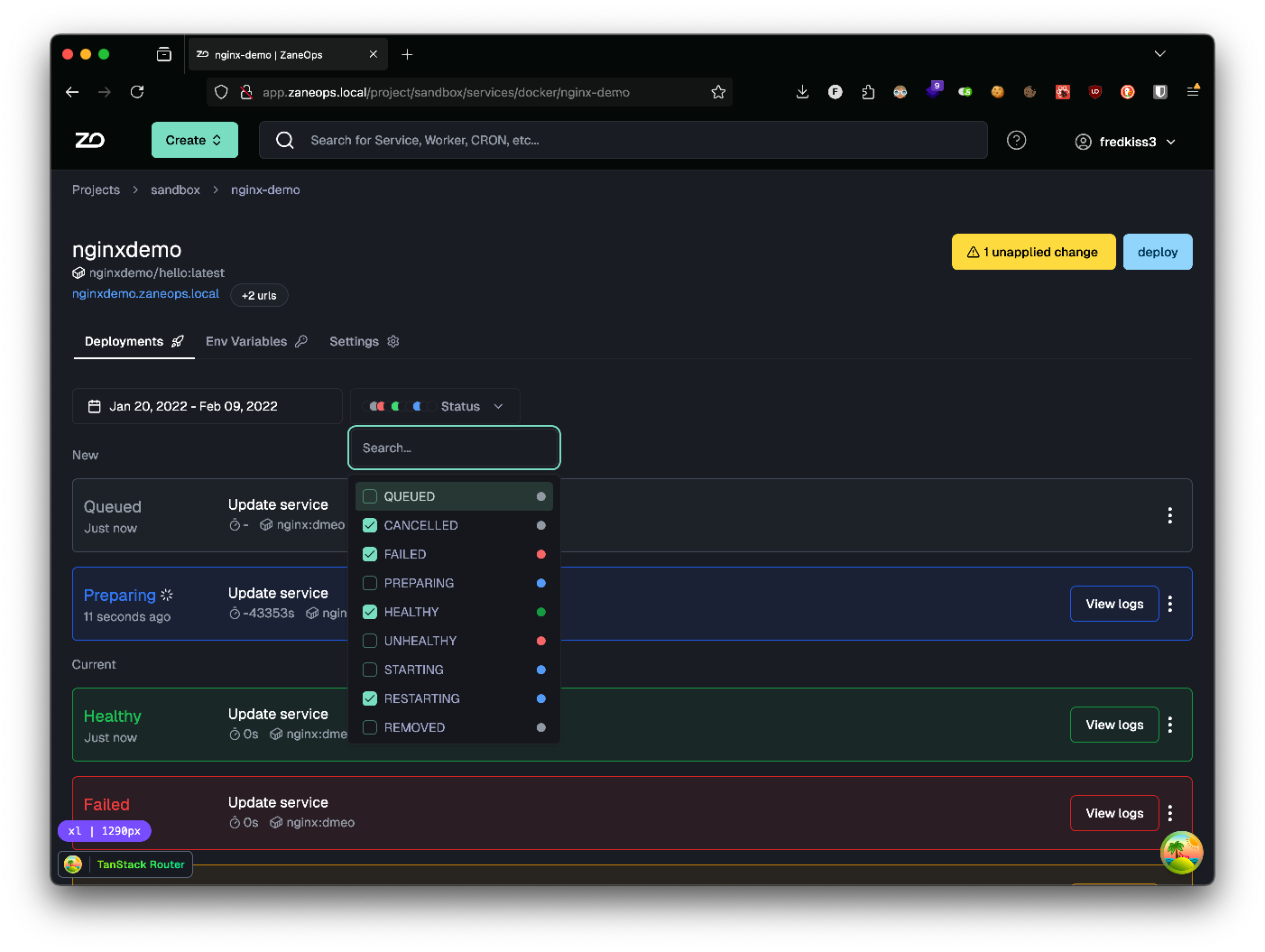 Service detail page with combobox for deployment status  open