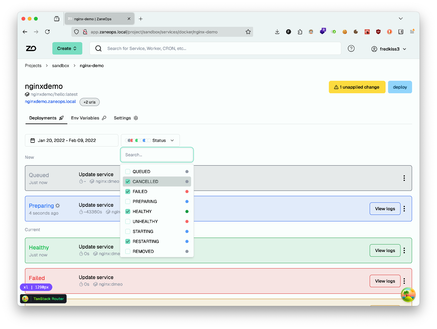 Service detail page with combobox for deployment status open